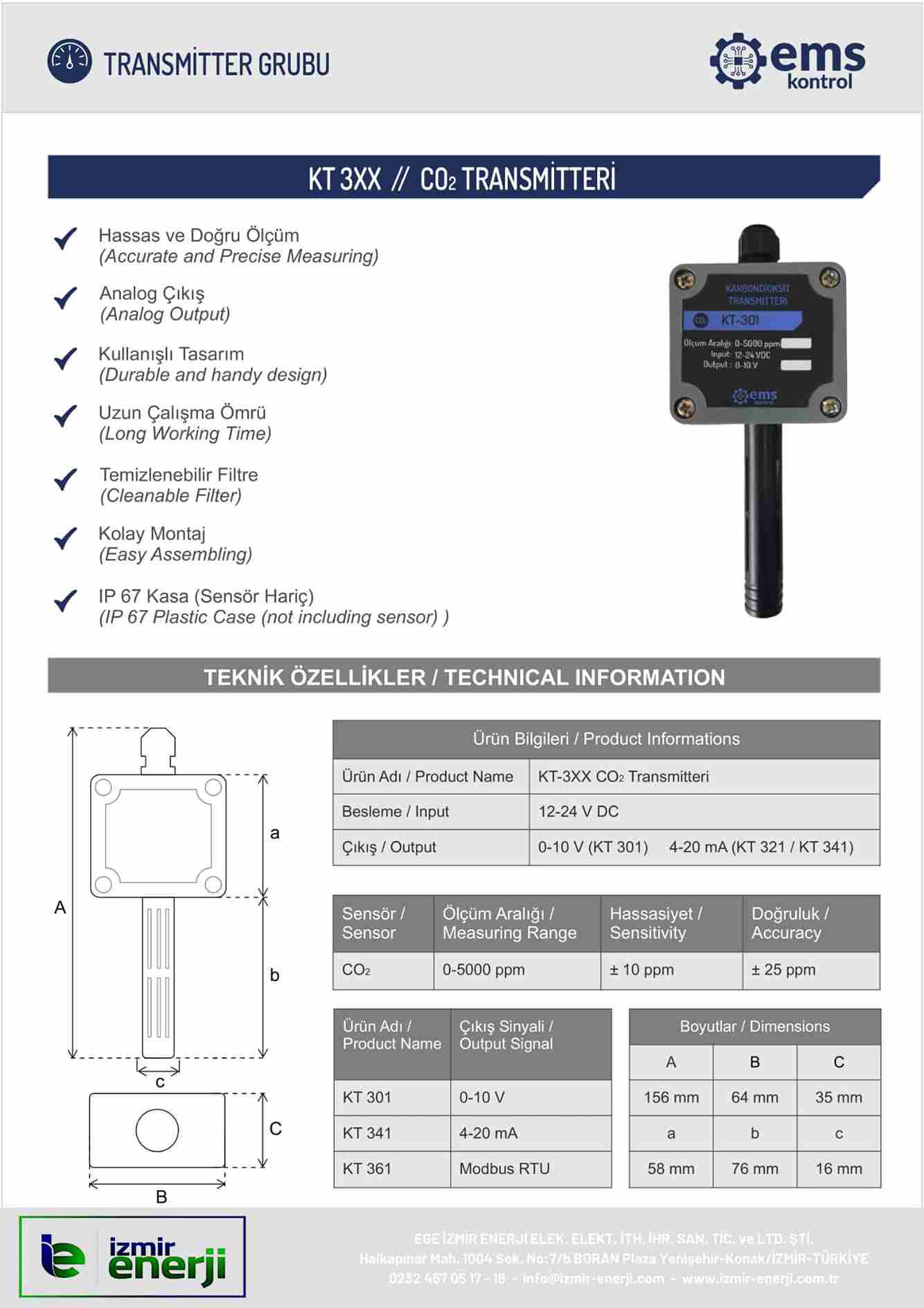 CO2 TRANSMİTTERİ 4-20mA 0-5000 PPM 12-24V DC