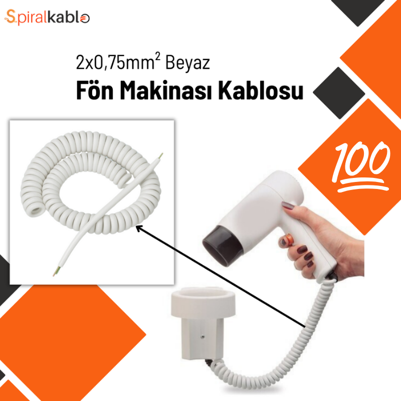 Fön Makinası için Spiral Kablo 2 x 0,75mm² ( Beyaz ) - 150cm / 100 Adet Sevk Edilecektir.