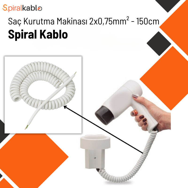 Saç Kurutma Makinası için Spiral Kablo 2 x 0,75mm² ( Beyaz ) - 150cm