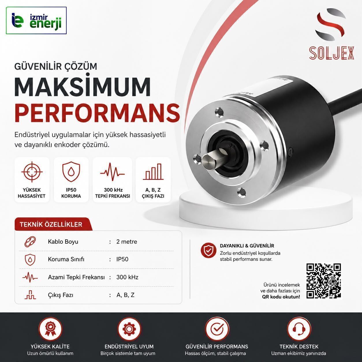 Encoder 50mm Gövde, 8mm Mil Çapı, 5-24V DC, 2500 Puls Çıkış, 2mt Kablolu