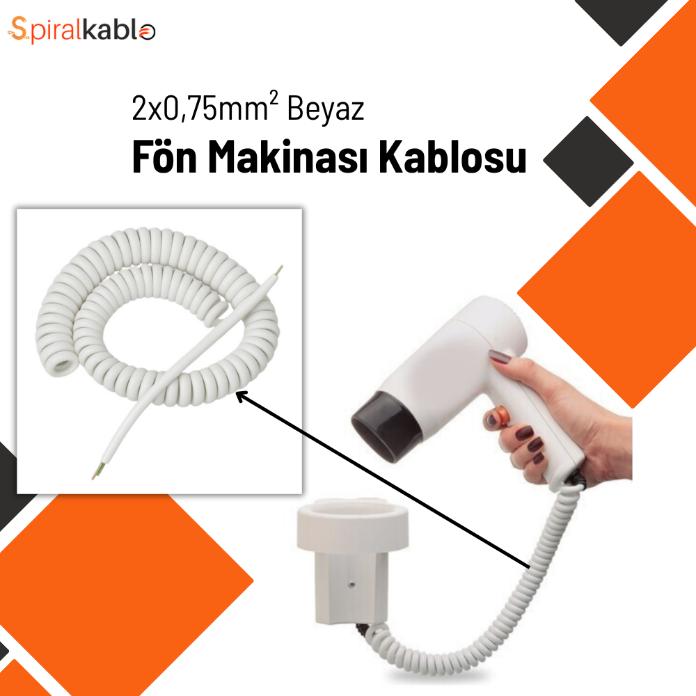 Fön Saç Kurutma Makinası için Spiral Kablo 2 x 0,75mm² ( Beyaz ) Kapalı Hali : 35cm / Açılmış Hali : 100cm