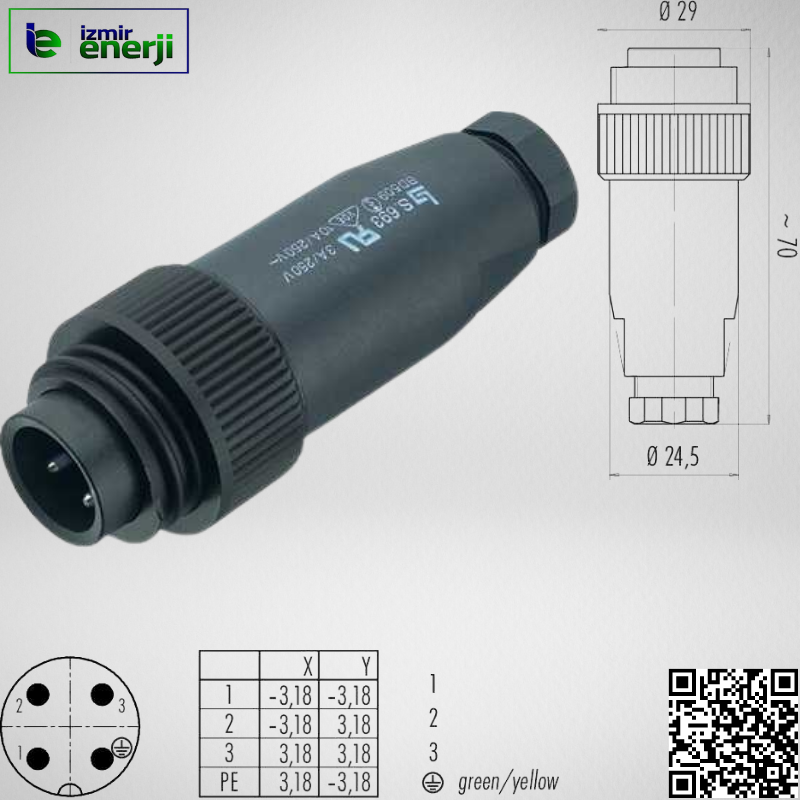 RD24 Kablo Konnektörü,3 + PE, ekransız, Vidalı, IP67
