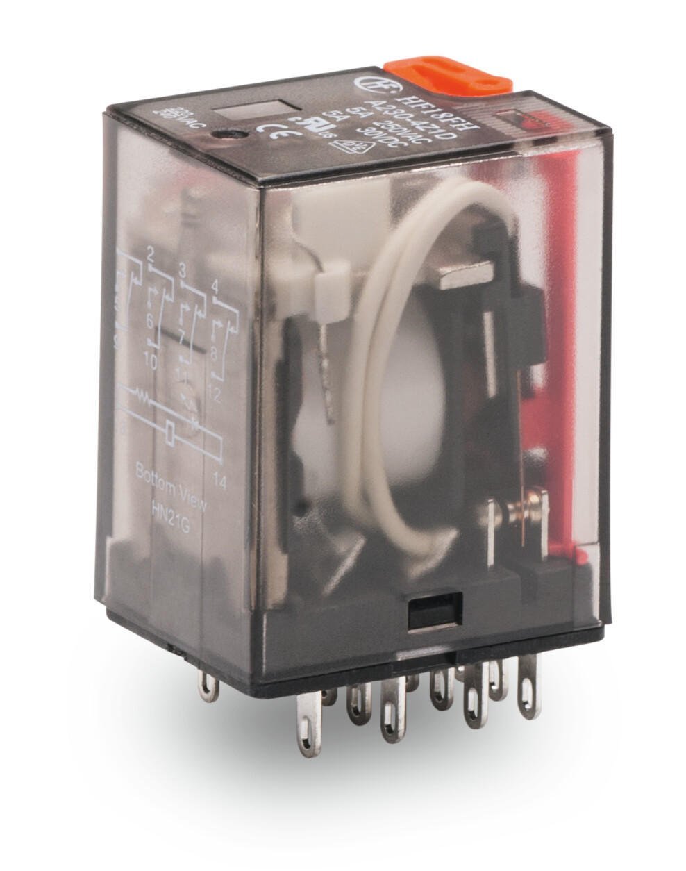 858-151 220VAC, 4x5A kontak röle, manuel çektirme, dahili LED fonksiyonlu