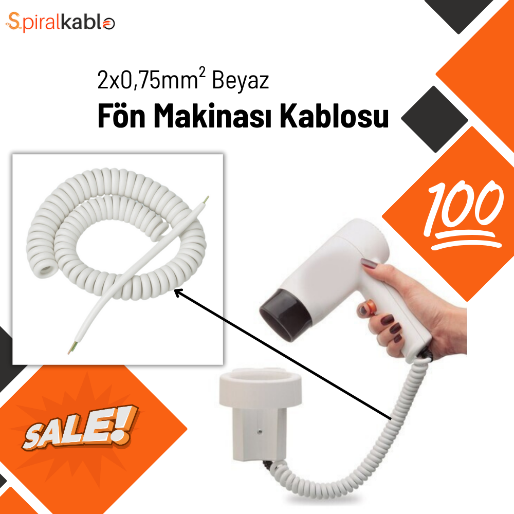 Saç Kurutma Makinası için Spiral Kablo 2 x 0,75mm² ( Beyaz ) Kapalı Hali : 35cm / Açılmış Hali : 100cm ) 100 Adet sevk edilecek.