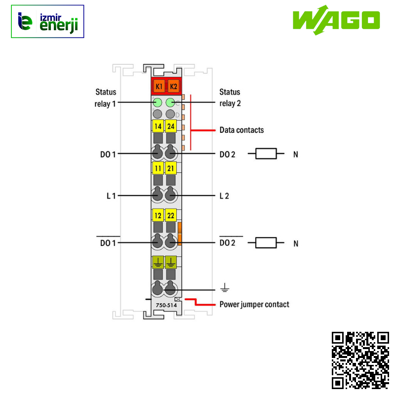 750-514 2 kanallı röle çıkışı; 125 VAC; 0,5 A; Potansiyelsiz; 2 değişken kontak