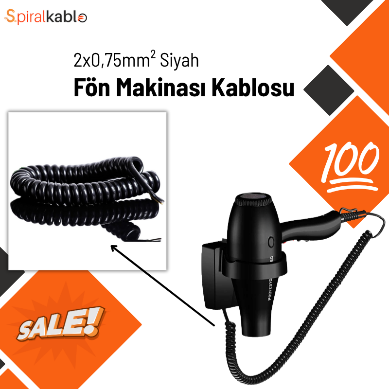 Saç Kurutma Makinası için Spiral Kablo 2 x 1,5mm² ( Siyah ) Kapalı Hali : 35cm / Açılmış Hali : 100cm ) 100 Adet sevk edilecek.