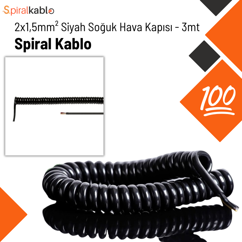 Soğuk Hava Dolapları için Spiral Kablo 2 x 1,5mm² ( Renk Siyah ) 3mt / 100 Adet Sevk Edilecektir.