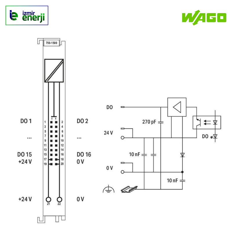750-1500 16 kanallı dijital çıkış; 24 VDC; 0,5 A; Şerit kablo