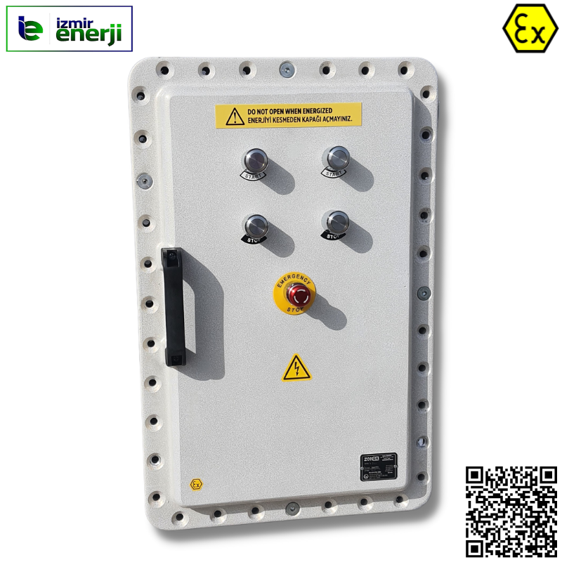 Exproof Pano Zone 1 (dış: 660x430x285mm, iç 535x310x226mm, montaj plakası 525x300mm) / 2 Start - 2 Stop - 1 Acil Stop Butonu ve 6 Rekor Delikli Pano