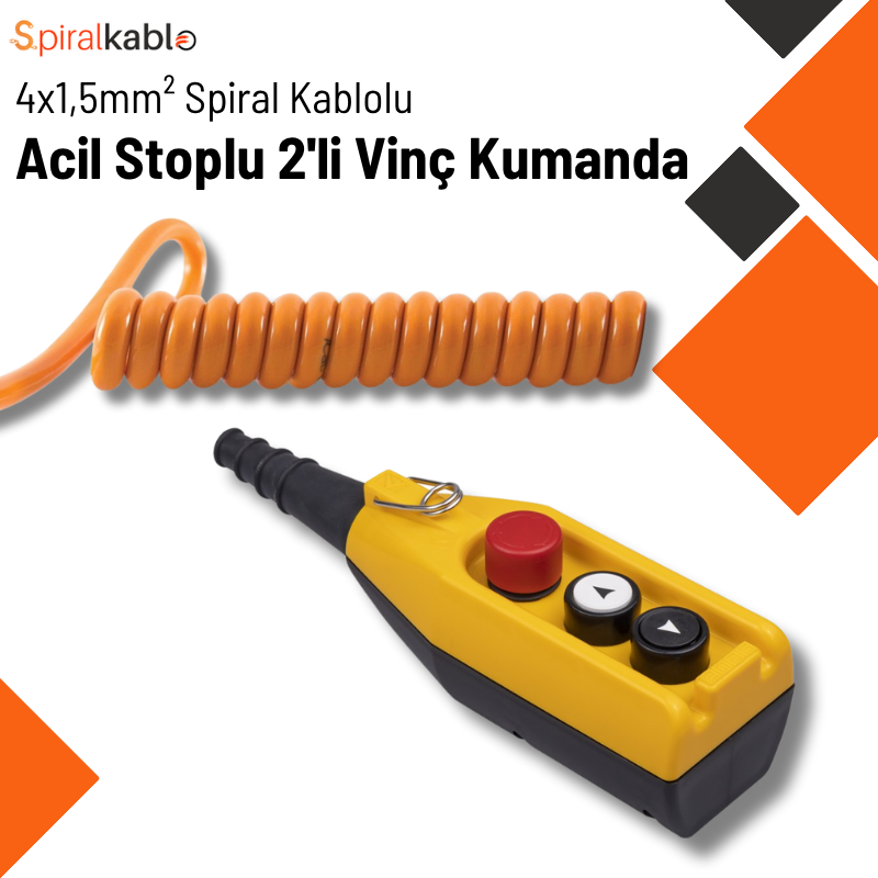 Acil Stoplu 2’li Vinç Kumanda Spiral Kablolu 4×1,5mm² ( Renk Turuncu ) 2,5mt Açılır