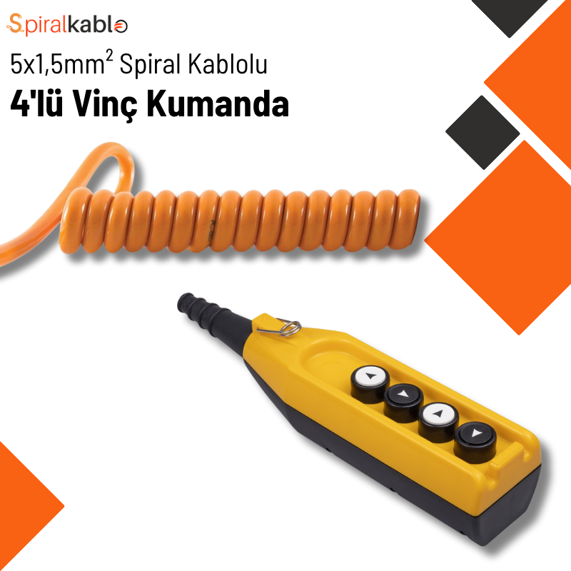 4’lü Vinç Kumanda Spiral Kablolu 5×1,5mm² ( Renk Turuncu ) 2,5mt Açılır