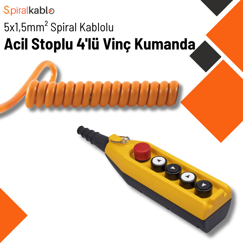 Acil Stoplu 4’lü Vinç Kumanda Spiral Kablolu 5×1,5mm² ( Renk Turuncu ) 2,5mt Açılır